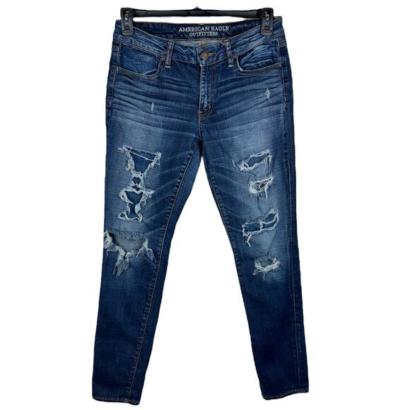 American Eagle SZ 8 Jeggings Jeans Low-Rise Distressed Patches Stretch Whiskered - Picture 1 of 11